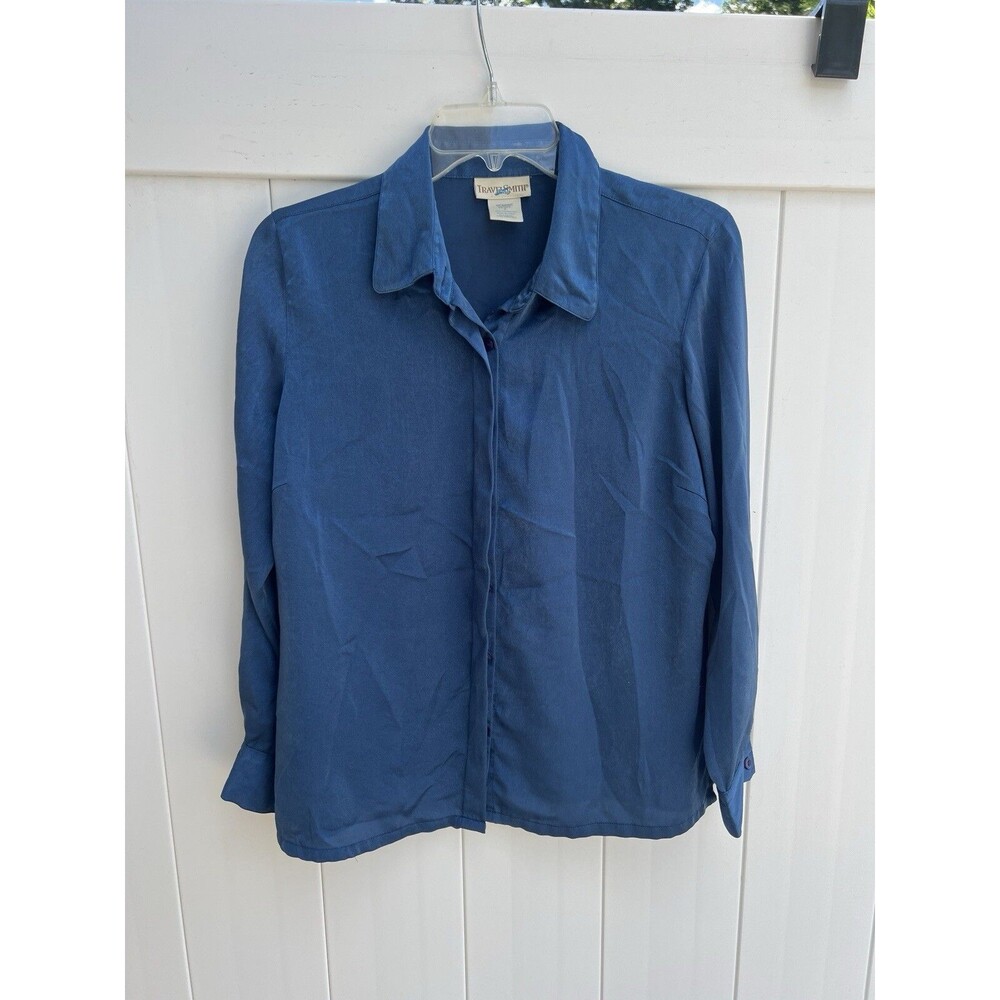 TRAVELSMITH Womens Petite S Button Up Blouse Top Long Sleeve Shimmer